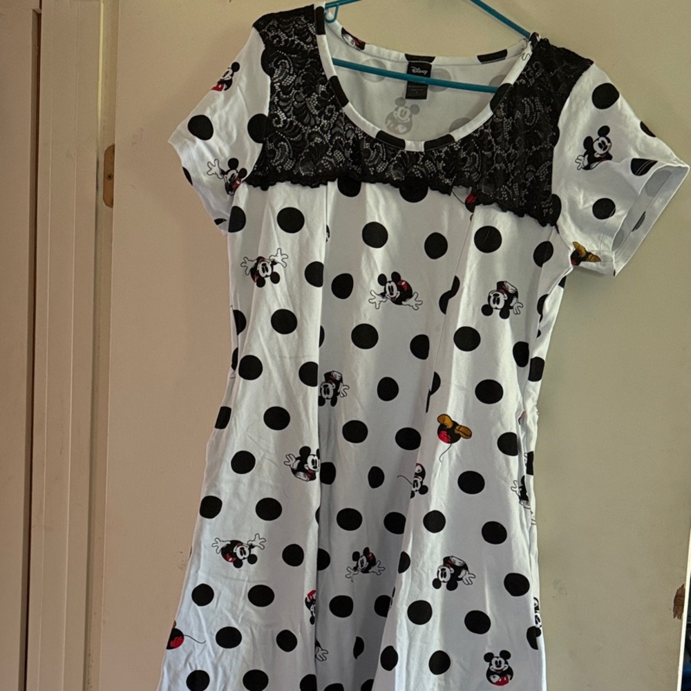 Disney Mickey White Polka Dot Dress with Black Lace